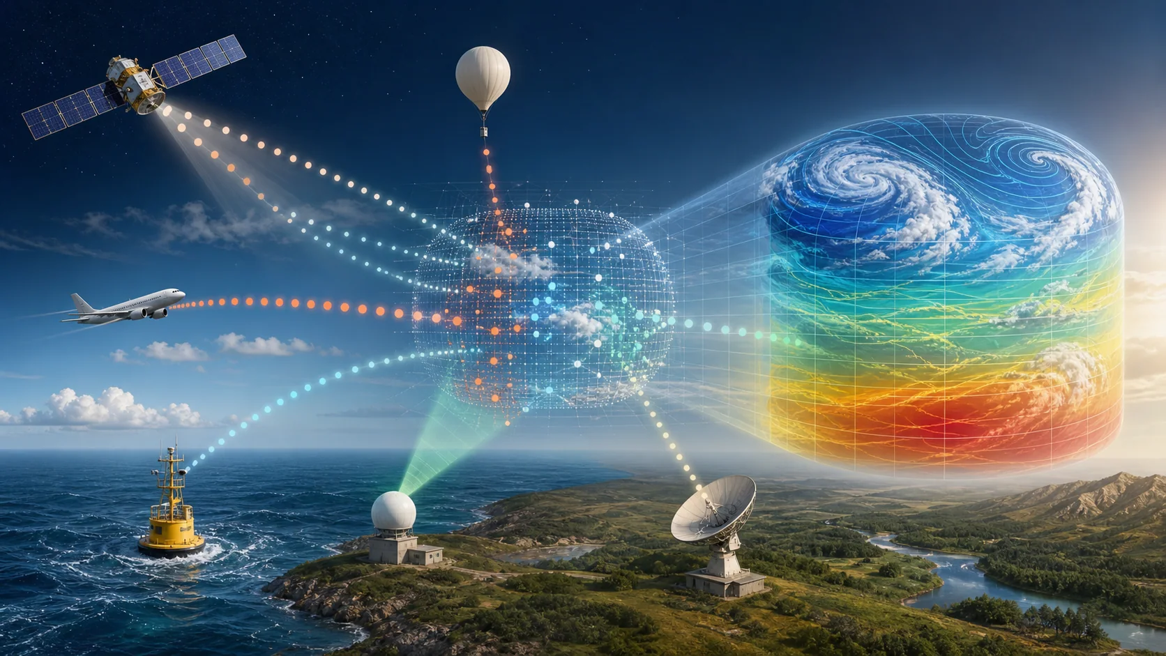 En satellit, väderballong, flygplan, havsboj och markstationer sänder olika mätningar till en gemensam tredimensionell bild av atmosfären.