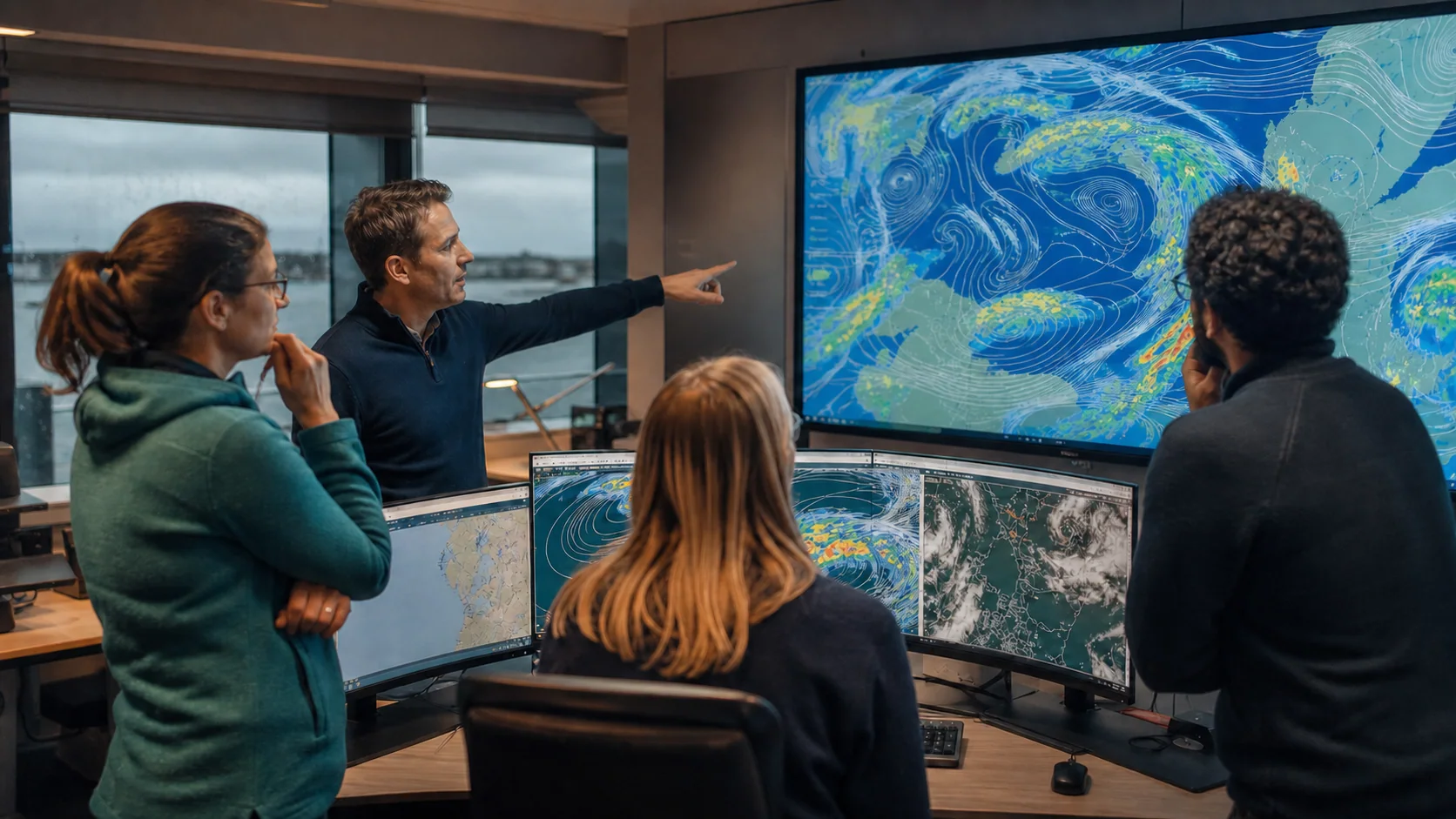 Fyra meteorologer står vid flera skärmar och jämför väderkartor medan en av dem pekar på huvudskärmen.