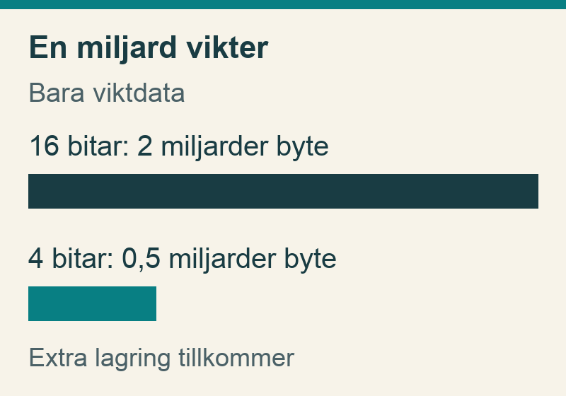 En miljard vikter: två miljarder byte med 16 bitar, en halv miljard med 4 bitar.